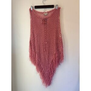 Vintage Y2K Faded Glory Pink Rayon Poncho Crochet Open Fringe Barbie NEW